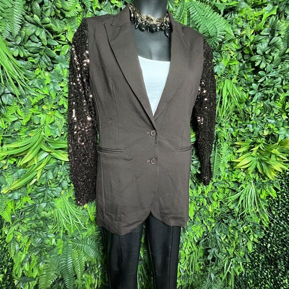 Diane Gilman Women Jacket Medium Brown Sequin Sleeve Blazer Relaxed Fit DG2 - Picture 3 of 11